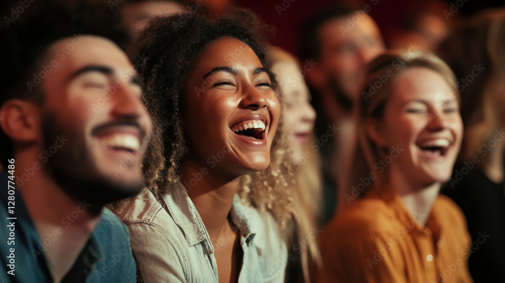 A diverse group of people from various backgrounds, laughing and enjoying a comedy show together, sharing moments of joy and genuine amusement in a lively, fun atmosphere.