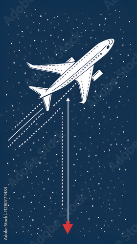 A simple vector graphic of an airplane flying, white dots on a blue background, and a red location pin
