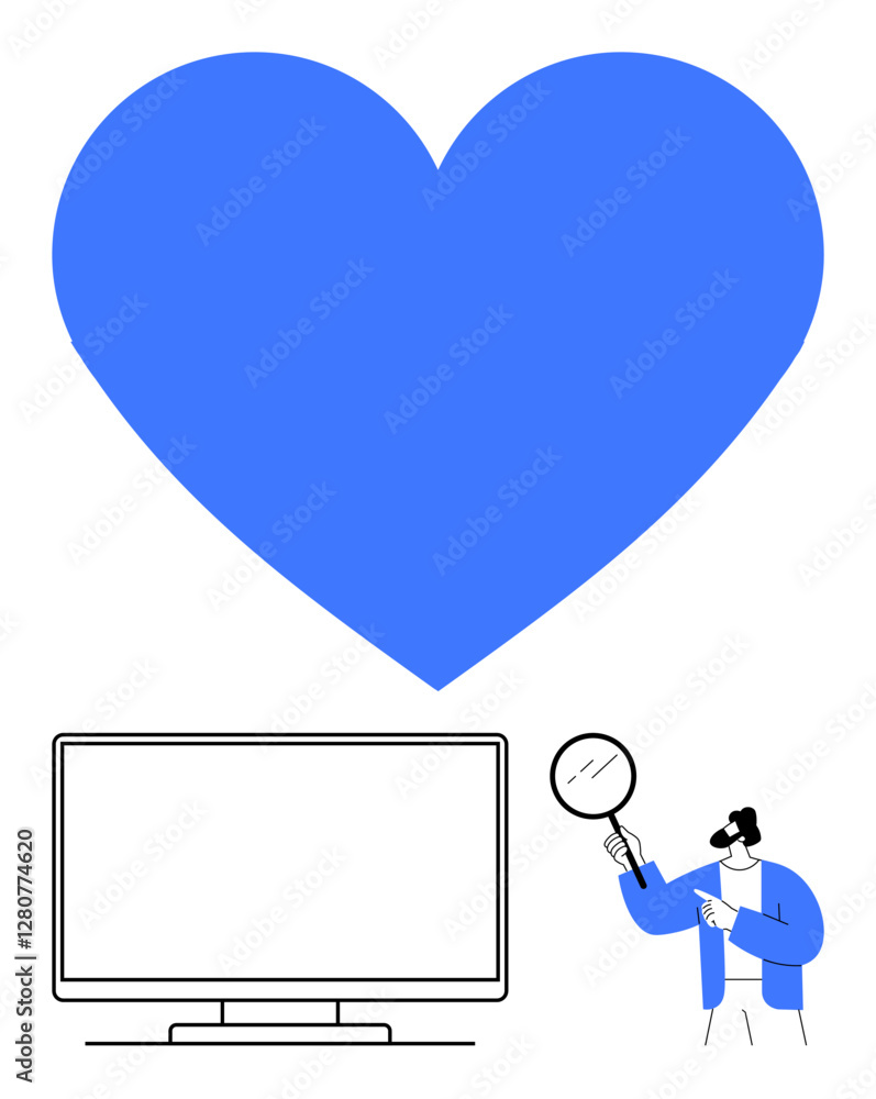Giant blue heart above a computer monitor with a person using a magnifying glass. Ideal for love, healthcare, digital analysis, technology, research, branding, and education themes. Line metaphor Giant blue heart above a computer monitor with a person using a magnifying glass. Ideal for love, healthcare, digital analysis, technology, research, branding, and education themes. Line metaphor