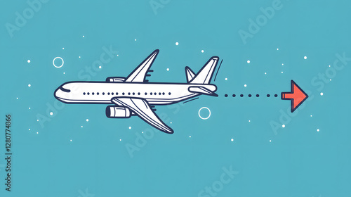A simple vector graphic of an airplane flying, white dots on a blue background, and a red location pin
