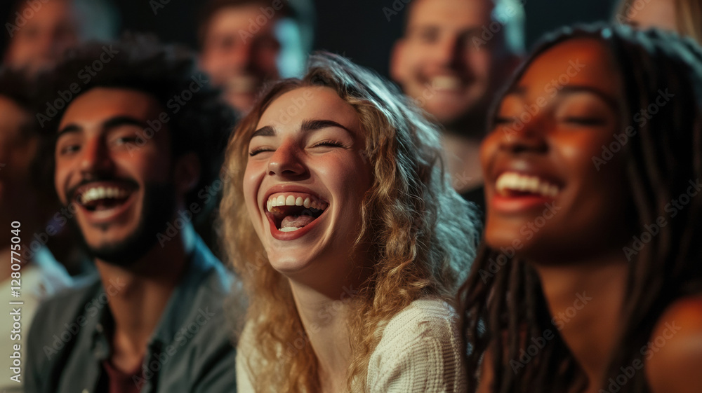 A diverse group of people from various backgrounds, laughing and enjoying a comedy show together, sharing moments of joy and genuine amusement in a lively, fun atmosphere. A diverse group of people from various backgrounds, laughing and enjoying a comedy show together, sharing moments of joy and genuine amusement in a lively, fun atmosphere.