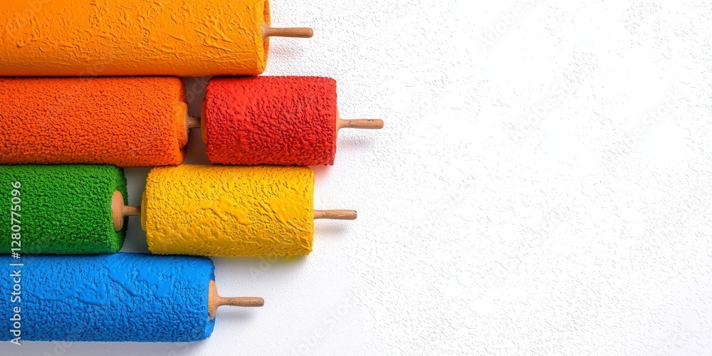 Colorfully painted toilet rolls and vibrant paint roller set arranged neatly on a surface Colorfully painted toilet rolls and vibrant paint roller set arranged neatly on a surface