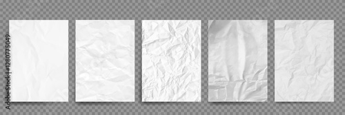 Set of paper sheets with wrinkles. Realistic vector illustration. Empty white pages with crumpled effect. Design mockup 