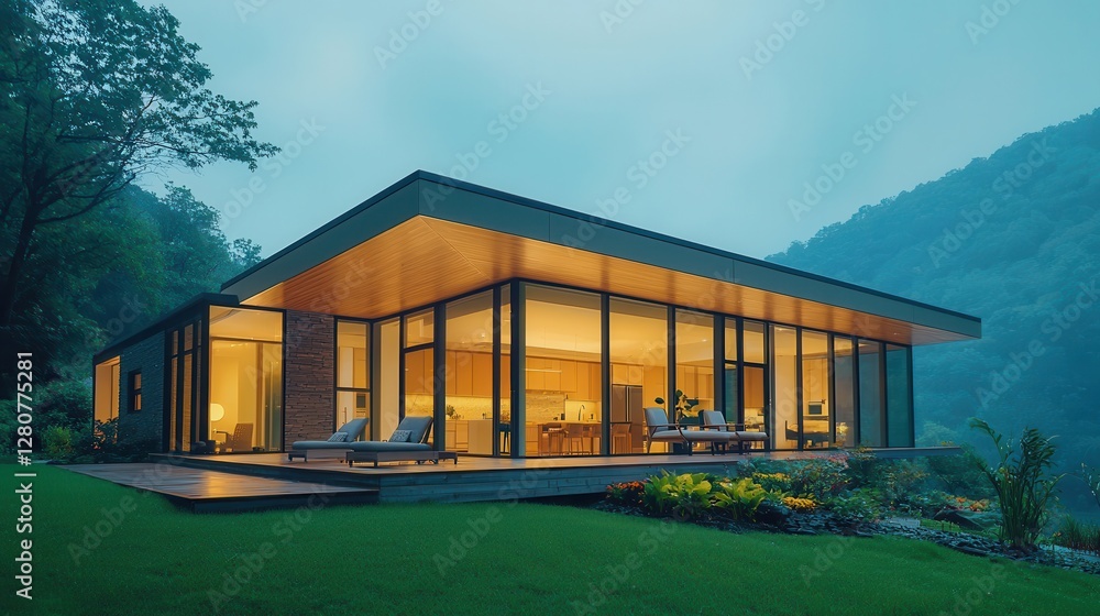 Modern house surrounded by nature, featuring large windows and sleek design at dusk. Modern house surrounded by nature, featuring large windows and sleek design at dusk.