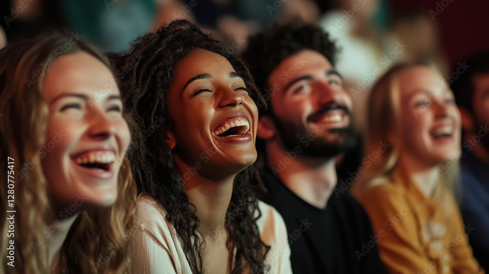 A diverse group of people from various backgrounds, laughing and enjoying a comedy show together, sharing moments of joy and genuine amusement in a lively, fun atmosphere. A diverse group of people from various backgrounds, laughing and enjoying a comedy show together, sharing moments of joy and genuine amusement in a lively, fun atmosphere.