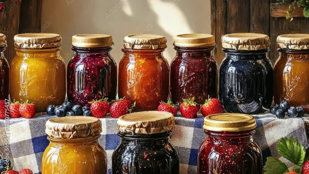 Assorted jars of homemade jam with fresh berries on wood table Assorted jars of homemade jam with fresh berries on wood table