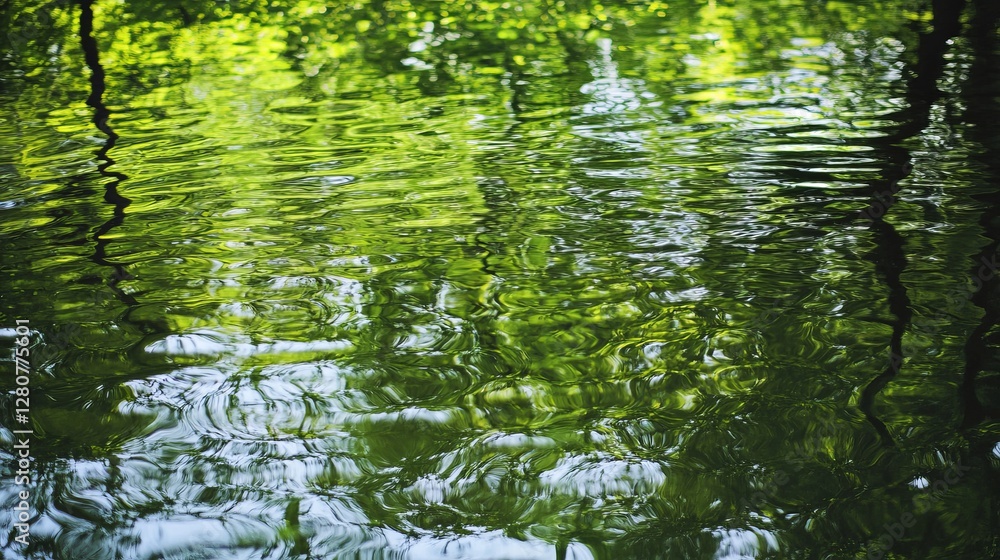 Rippling water surface reflecting green trees calm and refreshing vibe Rippling water surface reflecting green trees calm and refreshing vibe