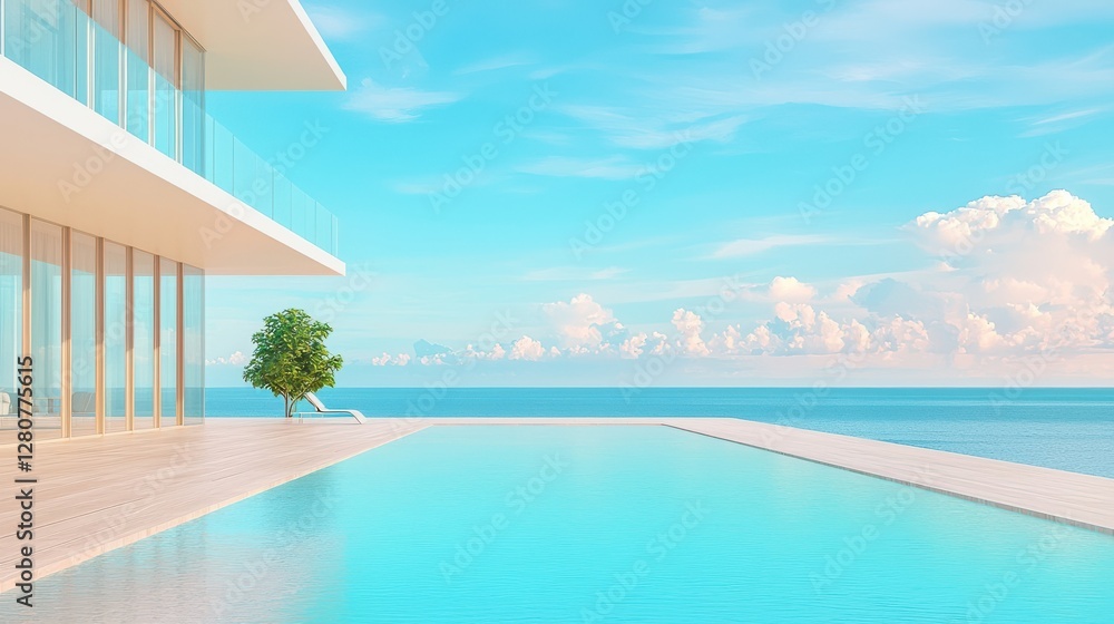 Fototapeta premium Modern villa with infinity pool overlooking a serene ocean under a blue sky.