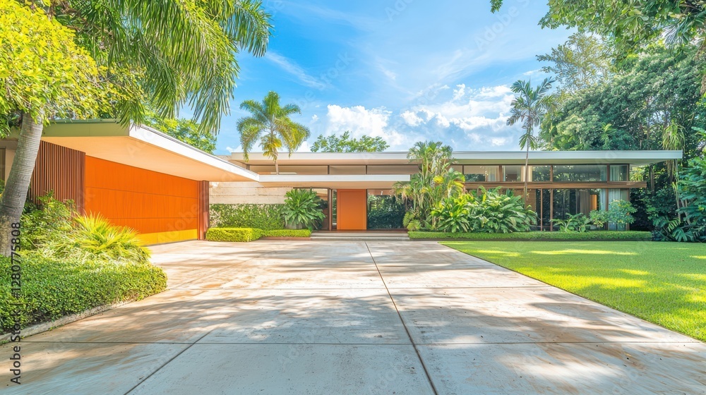 Obraz premium Modern home with a striking orange accent and lush landscaping in a bright, sunny setting.