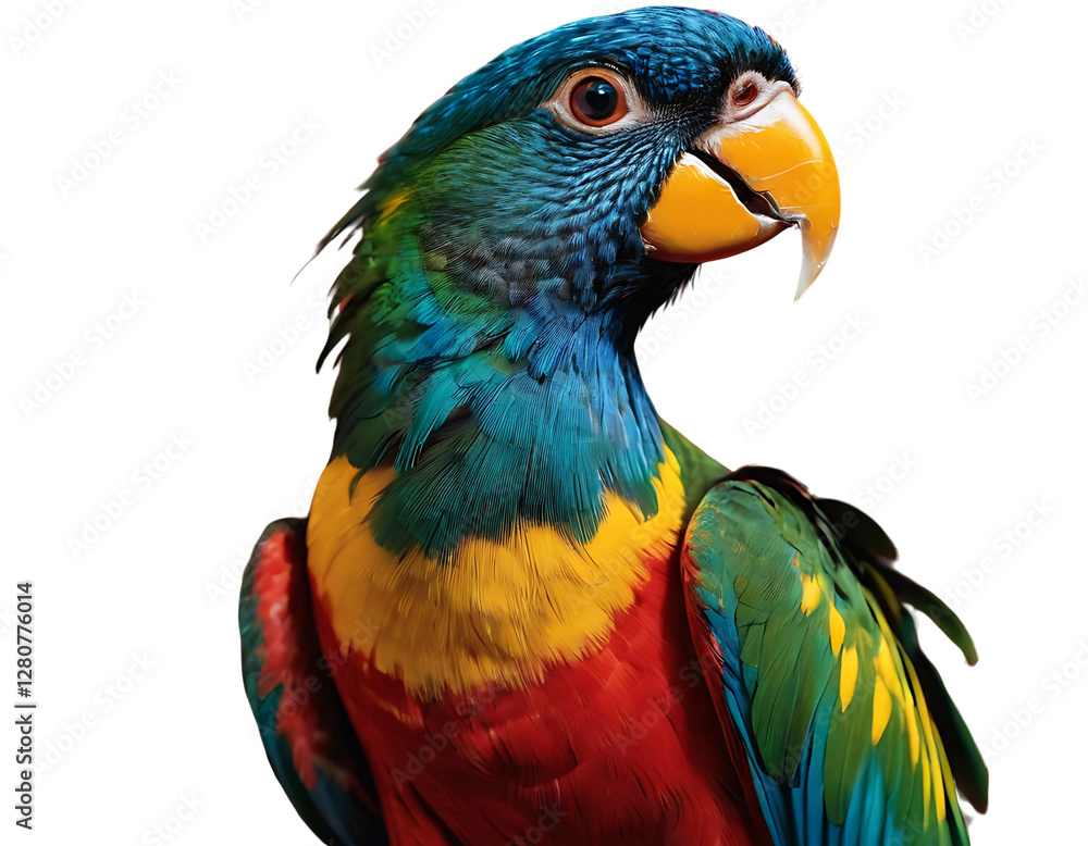 Obraz premium A quetzal in liquid ink, with feathers in vivid shades of emerald green, deep red, and sky blue. The ink lines seem to fade into the air, while the background blends with patches of warm colors, such 