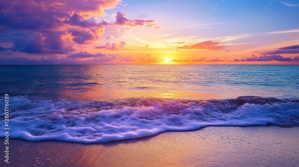 Colorful sunset over a tranquil beach with gentle waves dreamy tropical scene Colorful sunset over a tranquil beach with gentle waves dreamy tropical scene