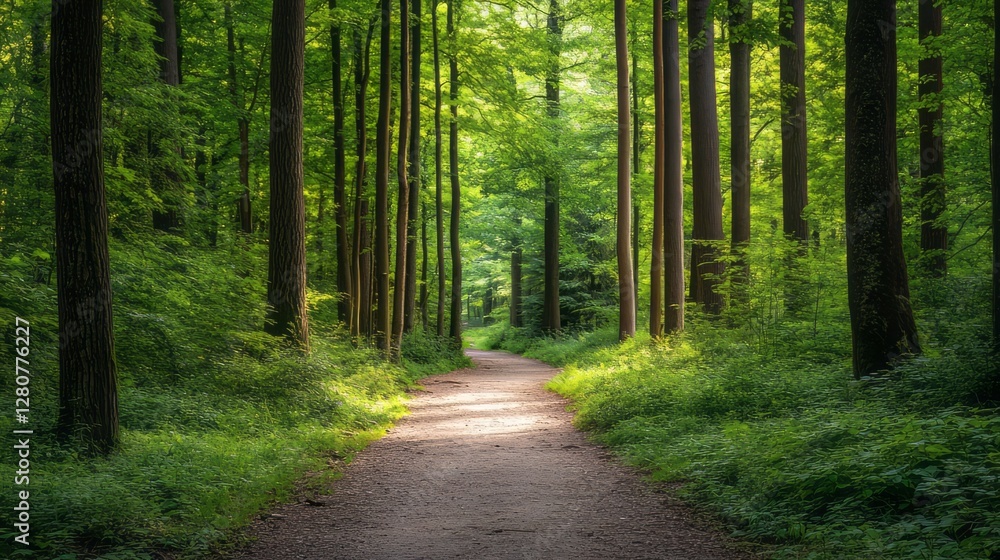 Obraz premium Pathway through a lush green forest with tall trees peaceful woodland trail