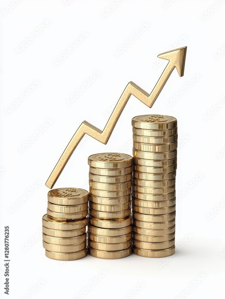 Financial growth chart with gold coins and arrows business environment infographic style high angle view Financial growth chart with gold coins and arrows business environment infographic style high angle view