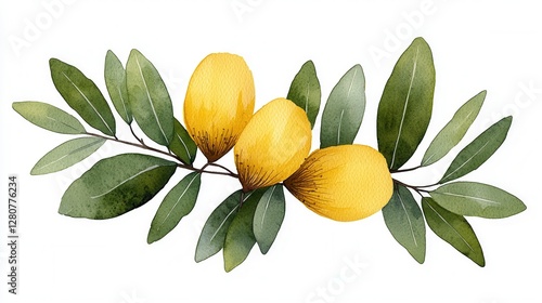 Watercolor painting of two lemons on a branch with australian banksia flowers in a natural setting
