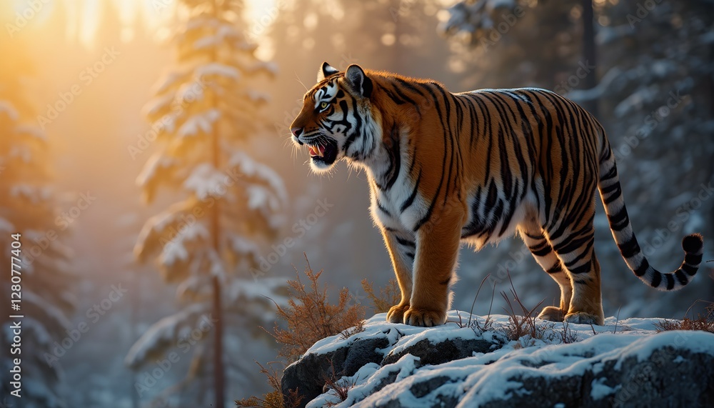 Fototapeta premium Siberian Tiger Roaring on a Snowy Cliff