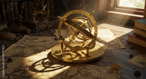 Golden astrolabe illuminates ancient maps on a vintage wooden desk