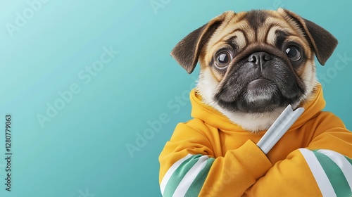 Playful pug wearing a yellow hoodie, posing confidently against a teal background photo