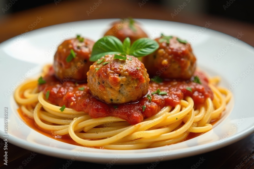 Plump meatballs nestled in a bed of spaghetti, herbs garnish , garnish, oregano Plump meatballs nestled in a bed of spaghetti, herbs garnish , garnish, oregano
