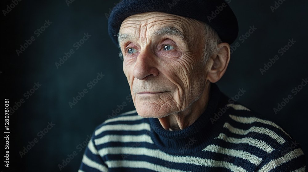 An elderly Frenchman with a weathered face, dressed in traditional sailor attire, featuring a striped navy blue sweater and a classic black beret, embodying maritime charm. An elderly Frenchman with a weathered face, dressed in traditional sailor attire, featuring a striped navy blue sweater and a classic black beret, embodying maritime charm.