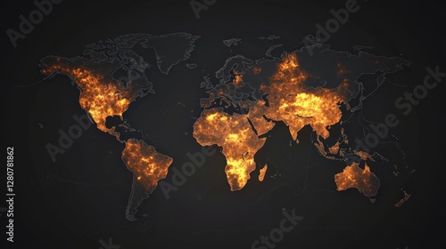 World map displaying geopolitical tensions with glowing heat map overlay, highlighting conflict zones on a dark background with cinematic lighting