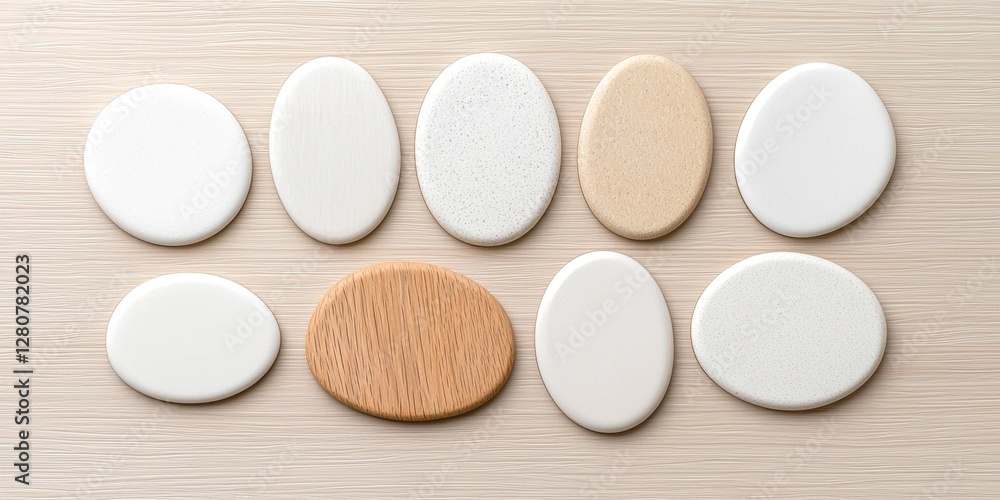 Obraz premium Group of white and brown oval ceramic shapes with white badge mockups displayed on a flat surface