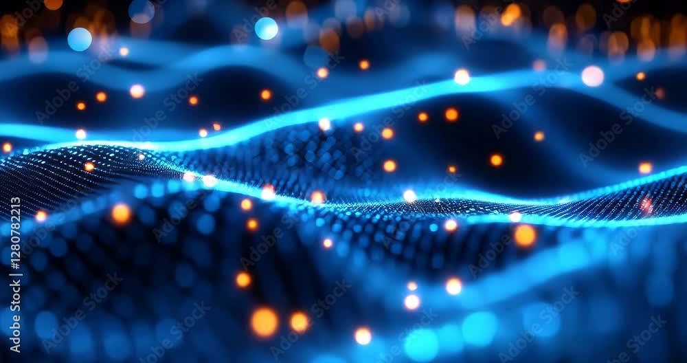 Digital Wave Animation Abstract blue digital wave with glowing orange particles. Seamless loop ...