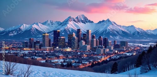Stunning Denver skyline framed by snow-capped peaks , image, peaks