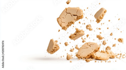 Broken cookie pieces and cake crumbs scattered on a surface creating a dynamic food scene
