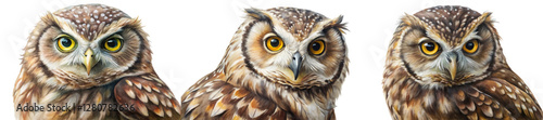 Realistic owl portraits, detailed feathers, vibrant eyes, wildlife art, nature illustration, animal close-ups.