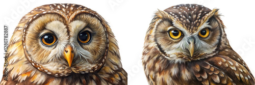 Realistic owl portraits, detailed feathers, vibrant eyes, wildlife art, nature illustration, animal close-up.