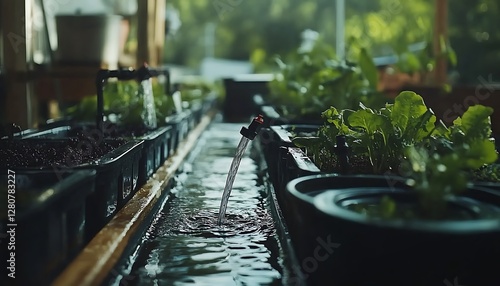 Hydroponic garden, water flowing through channels, growing plants, sustainable agriculture, close-up photo