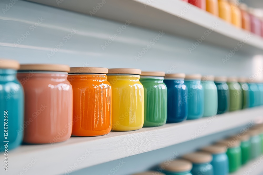 Multicolored ceramic jars on shelves. Generative AI Multicolored ceramic jars on shelves. Generative AI