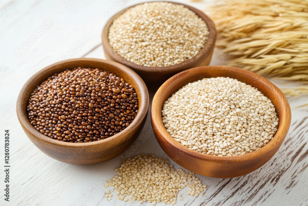 A variety of whole grains like quinoa, brown rice, and oats, rich in fiber and essential nutrients in wooden bowls A variety of whole grains like quinoa, brown rice, and oats, rich in fiber and essential nutrients in wooden bowls