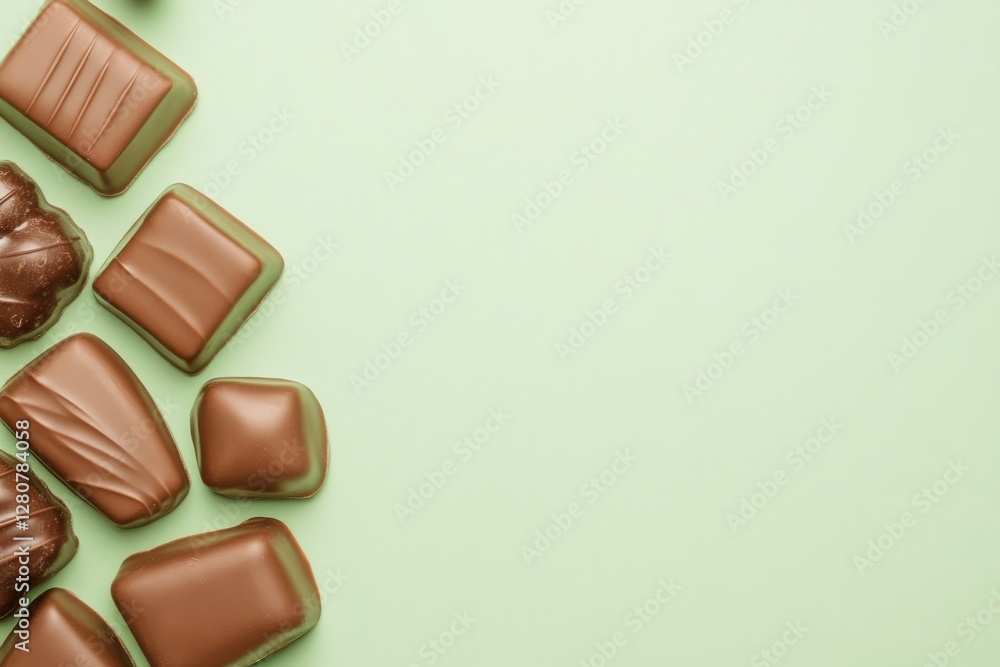 Fototapeta premium Delicious assortment of chocolate pieces on soft green backgroun