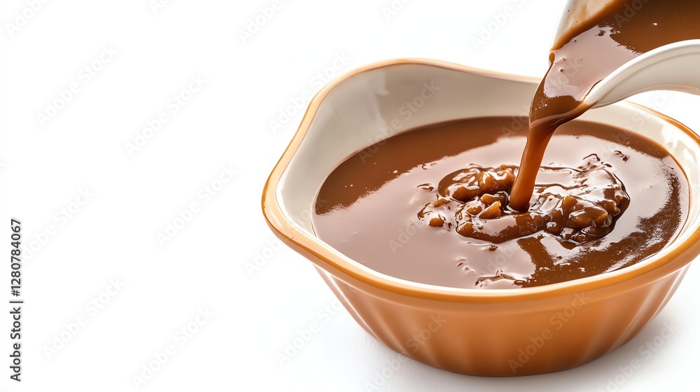 Delicious chocolate sauce poured into a brown bowl, isolated on a white background. Delicious chocolate sauce poured into a brown bowl, isolated on a white background.
