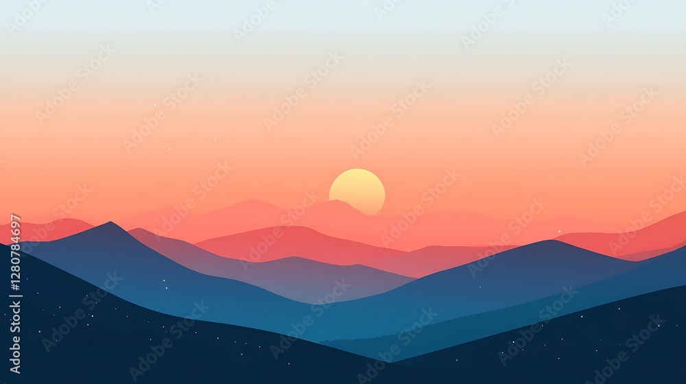 Fototapeta premium Sunset Over Layered Blue And Red Mountains