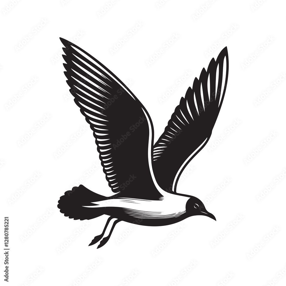 Obraz premium Seagull bird Silhouette Vector Illustration, Solid White Background.