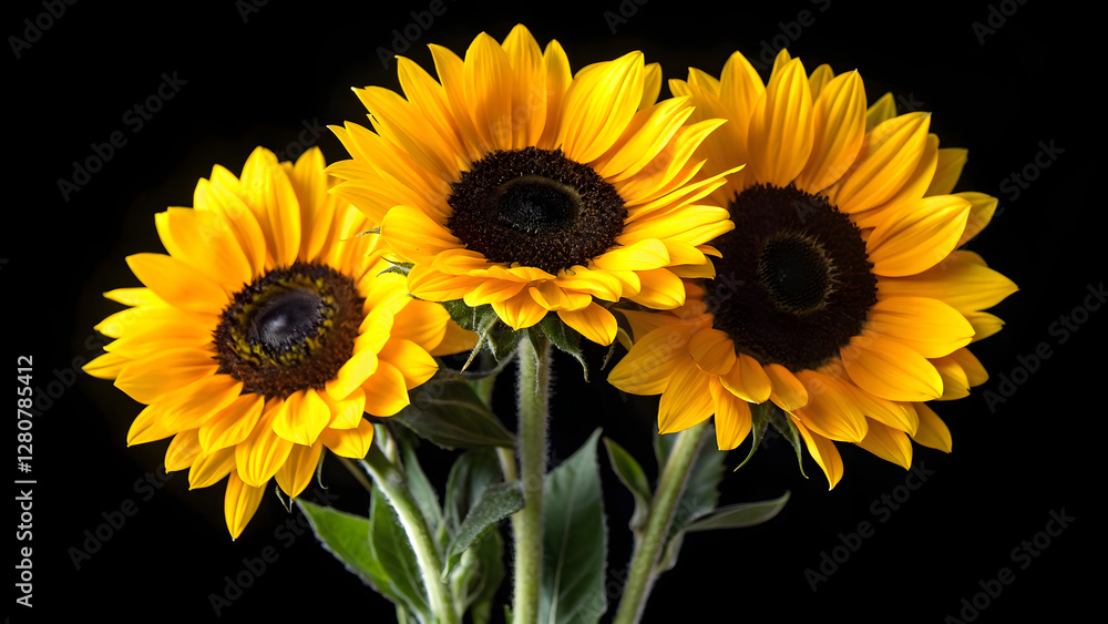 Fototapeta premium Three Vibrant Sunflowers with Dark Centers Against a Dramatic Black Background