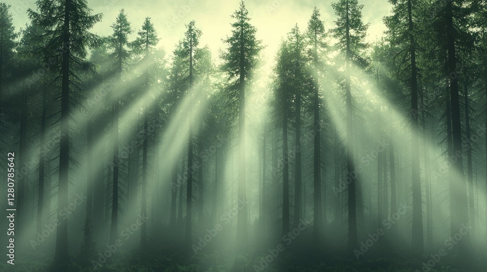 Mystical Sunbeams in Foggy Evergreen Forest Mystical Sunbeams in Foggy Evergreen Forest