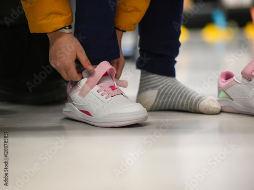 Bild auf Leinwand Close-up of hands fastening velcro strap on child's white shoe with pink laces i