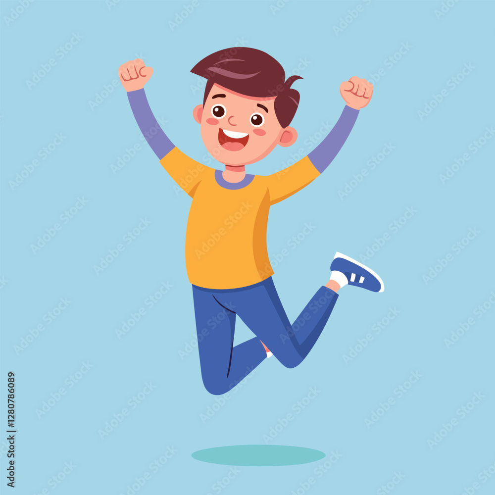 Happy boy jumping up in air Happy boy jumping up in air