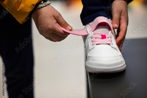 Photos Close-up of hands fastening velcro strap on child's white shoe with pink laces i