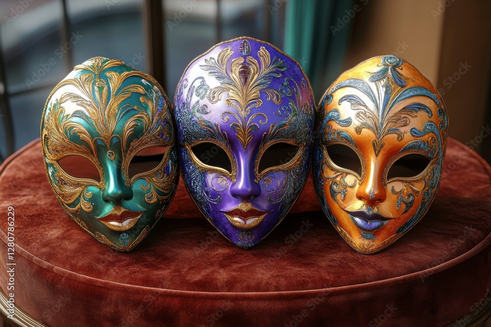 Naklejka premium Three ornate masquerade masks in vibrant colors, showcasing intricate designs and gold embellishments, set on a plush surface.