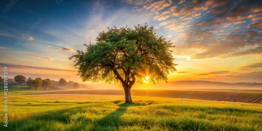 Fototapeta premium Solitary apple tree silhouetted against a vibrant sunrise, painting a scenic vertical landscape.