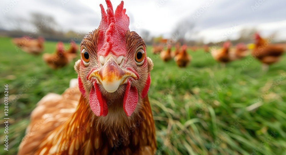 Humorous Close-Up of a Red Hen Looking Upward at the Camera from a Low Angle in a Farmyard Setting Humorous Close-Up of a Red Hen Looking Upward at the Camera from a Low Angle in a Farmyard Setting
