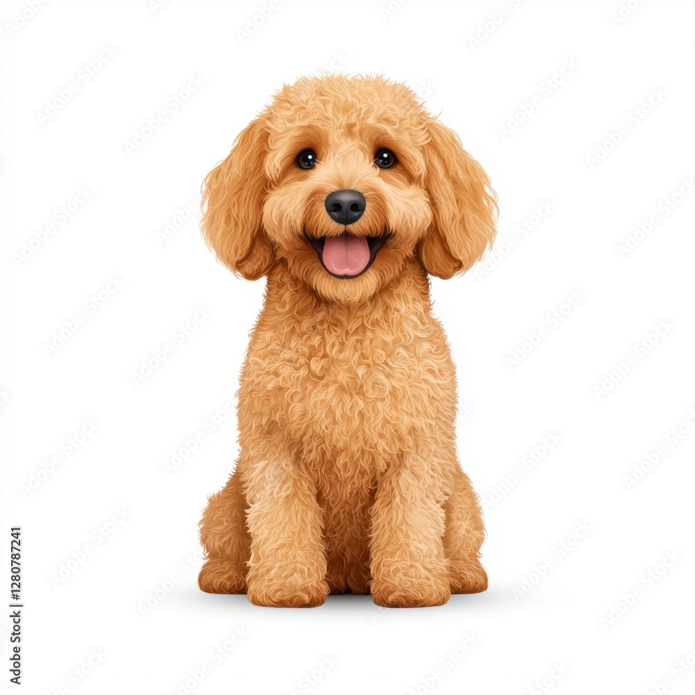 Cute golden doodle dog sitting with tongue out showcasing fluffy golden coat in a playful pose Cute golden doodle dog sitting with tongue out showcasing fluffy golden coat in a playful pose