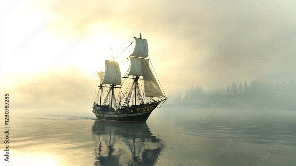 Fototapeta premium Sailing ship at sunrise, misty coast, calm sea, adventure travel