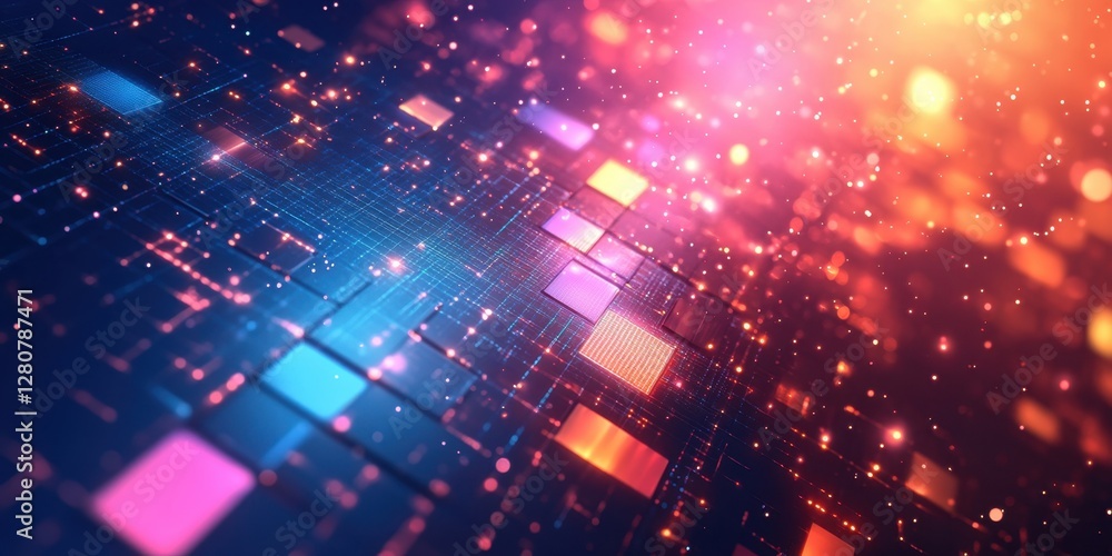 Fototapeta premium Abstract Digital Network Glow: Futuristic Technology Background with Vibrant Colors and Glowing Particles