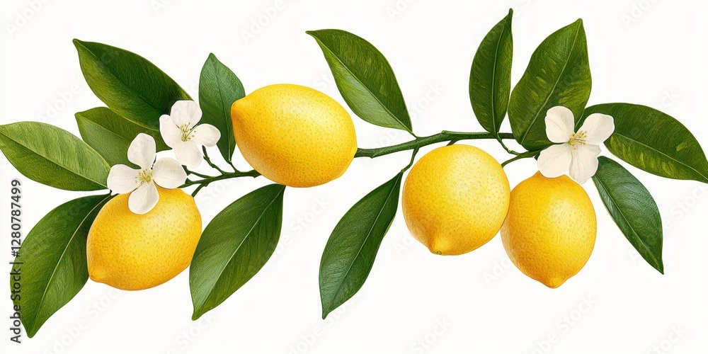 Two lemons with leaves and flowers on a white background with hand-drawn etching of a lemon branch and vibrant green details Two lemons with leaves and flowers on a white background with hand-drawn etching of a lemon branch and vibrant green details