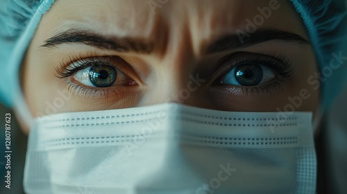 Caring Eye Specialist: A Close-Up of a Female Doctor in Mask, Tears Streaming, Praying Amidst the Pandemic